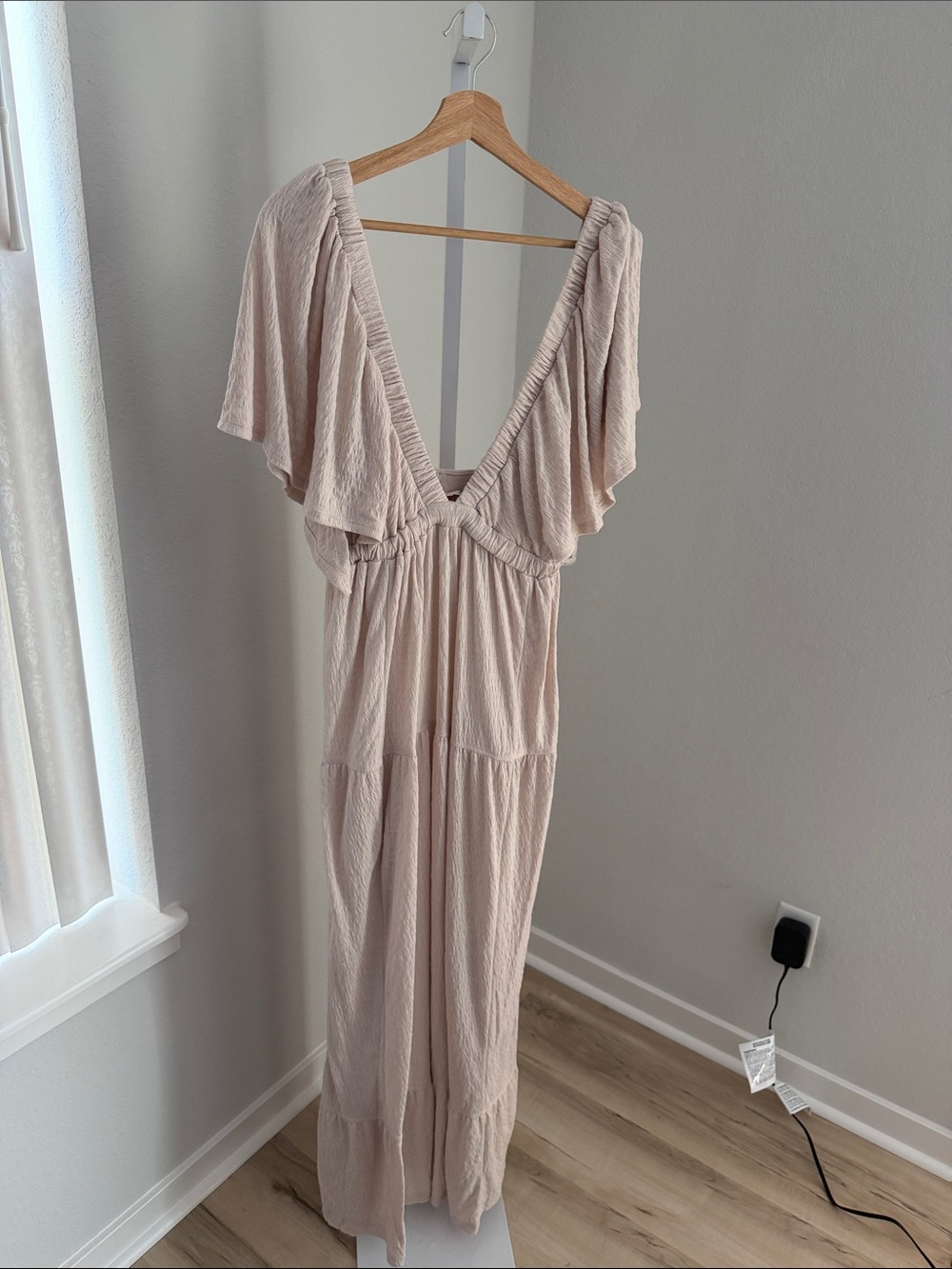 Free People Soft Cream V-Neck Maxi Dress with Flutter Sleeves